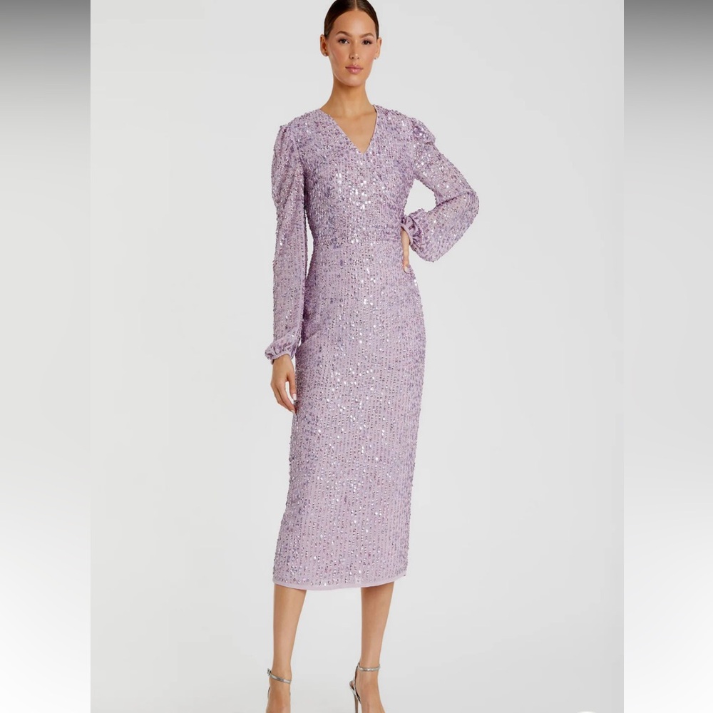 Mac Duggal Purple Sheath Dress with V-Neck and Bishop Sleeves